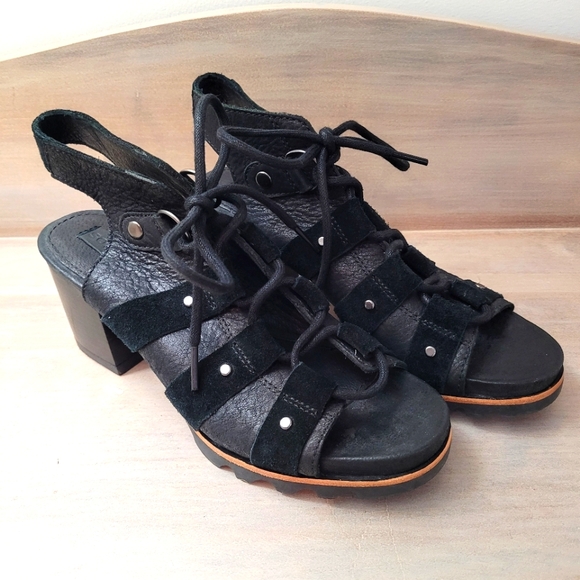 Sorel Shoes - Sorel Womens Addington Black Leather Lace up Studded Heeled Sandals Size 7 Black